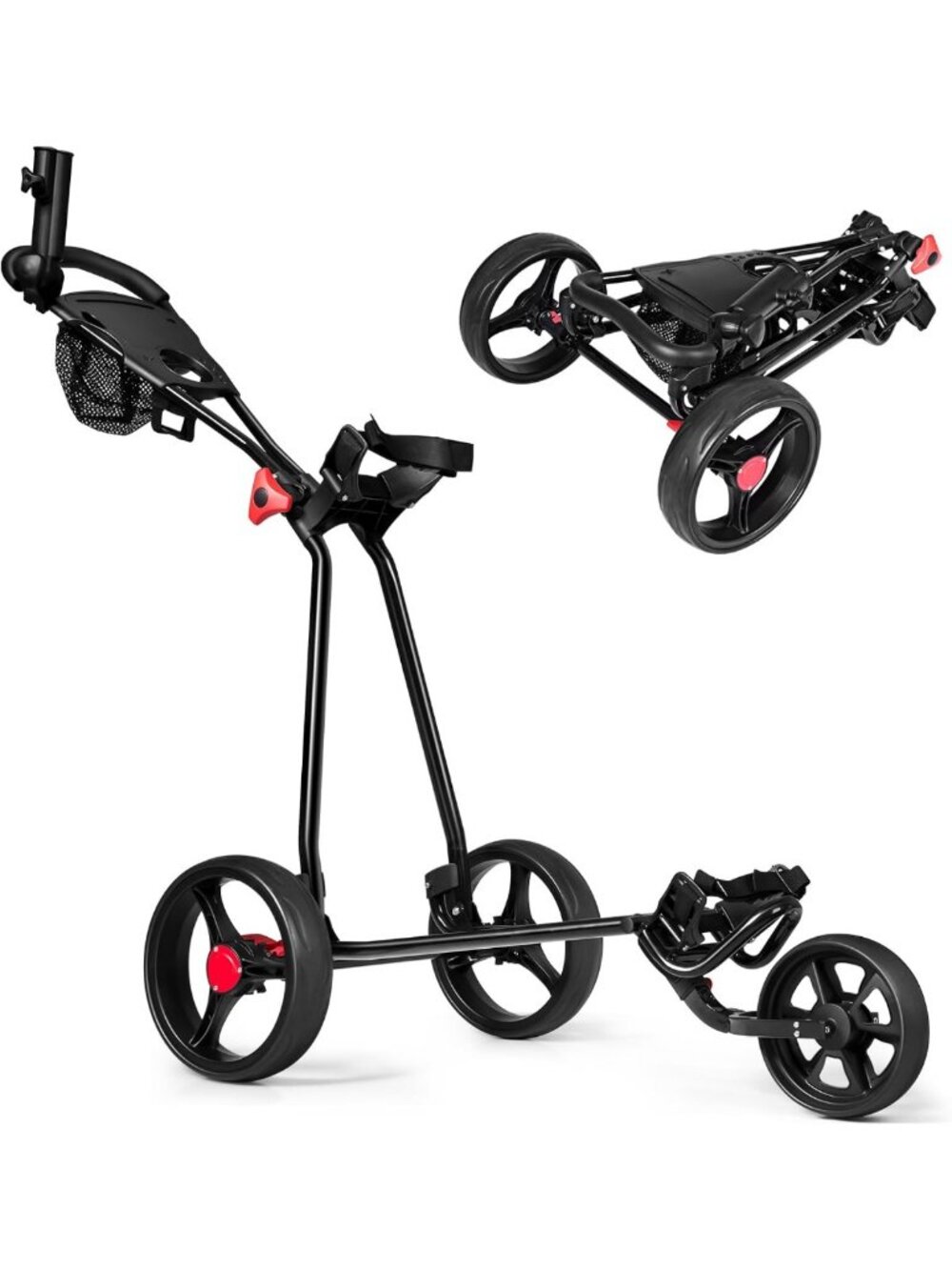 Lightweight Collapsible Golf Push Cart with 3 Wheels, Foot Brake, Umbrella